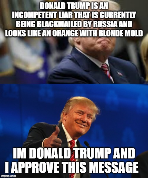 DONALD TRUMP IS AN INCOMPETENT LIAR THAT IS CURRENTLY BEING BLACKMAILED BY RUSSIA AND LOOKS LIKE AN ORANGE WITH BLONDE MOLD; IM DONALD TRUMP AND I APPROVE THIS MESSAGE | made w/ Imgflip meme maker