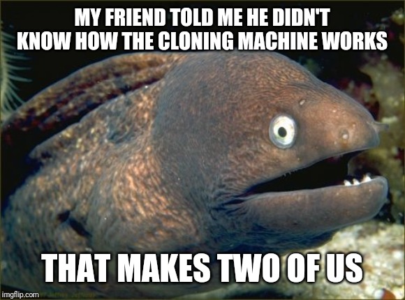 Cloning Machine | MY FRIEND TOLD ME HE DIDN'T KNOW HOW THE CLONING MACHINE WORKS; THAT MAKES TWO OF US | image tagged in memes,bad joke eel | made w/ Imgflip meme maker