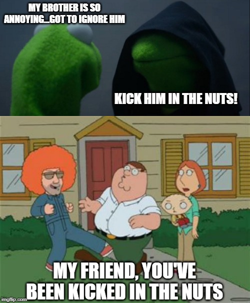 Low Blow | MY BROTHER IS SO ANNOYING...GOT TO IGNORE HIM; KICK HIM IN THE NUTS! MY FRIEND, YOU'VE BEEN KICKED IN THE NUTS | image tagged in memes,evil kermit,family guy kicked in the nuts | made w/ Imgflip meme maker