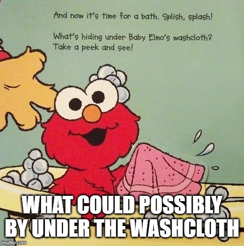 Elmo pickle | WHAT COULD POSSIBLY BY UNDER THE WASHCLOTH | image tagged in elmo | made w/ Imgflip meme maker