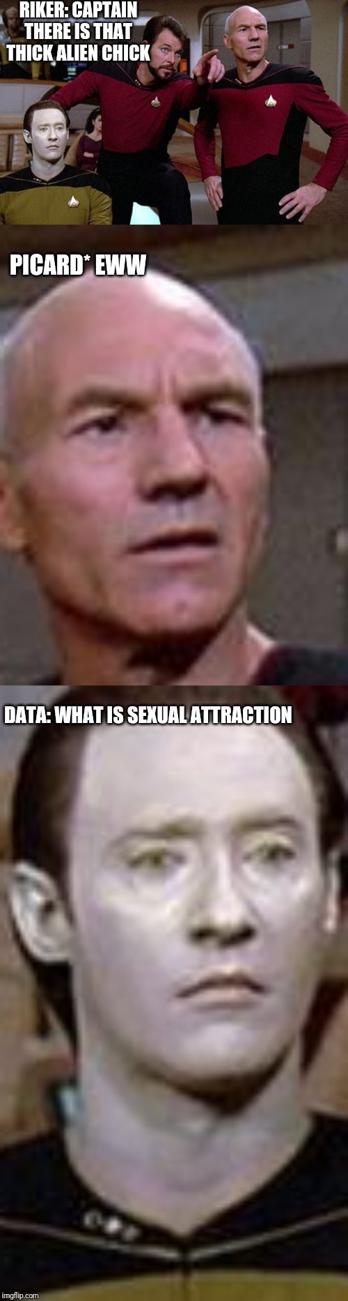 RIKER: CAPTAIN THERE IS THAT THICK ALIEN CHICK; PICARD* EWW; DATA: WHAT IS SEXUAL ATTRACTION | image tagged in pointy riker | made w/ Imgflip meme maker
