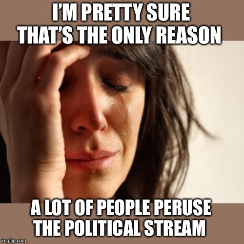 First World Problems Meme | I’M PRETTY SURE THAT’S THE ONLY REASON A LOT OF PEOPLE PERUSE THE POLITICAL STREAM | image tagged in memes,first world problems | made w/ Imgflip meme maker