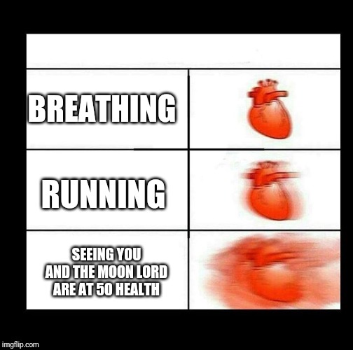 heart beating faster | BREATHING; RUNNING; SEEING YOU AND THE MOON LORD ARE AT 50 HEALTH | image tagged in heart beating faster | made w/ Imgflip meme maker