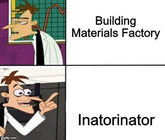 It's an inator that makes inators! | Building Materials Factory; Inatorinator | image tagged in doofenschmirtz-inator,memes | made w/ Imgflip meme maker
