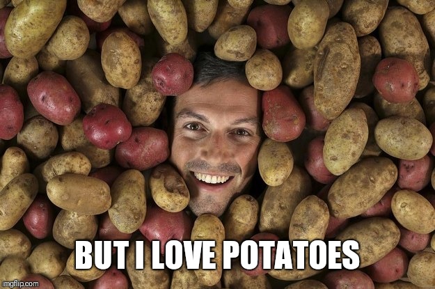 Potatoes lover | BUT I LOVE POTATOES | image tagged in potatoes lover | made w/ Imgflip meme maker