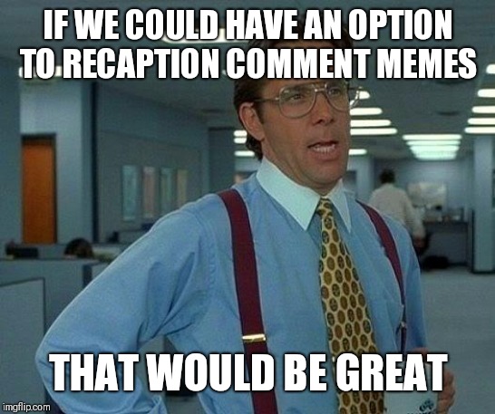 Or at least see the title/tags in a comment image so we know how to find it.  I don't know the names of some images to search. | IF WE COULD HAVE AN OPTION TO RECAPTION COMMENT MEMES; THAT WOULD BE GREAT | image tagged in memes,that would be great,meme comments | made w/ Imgflip meme maker