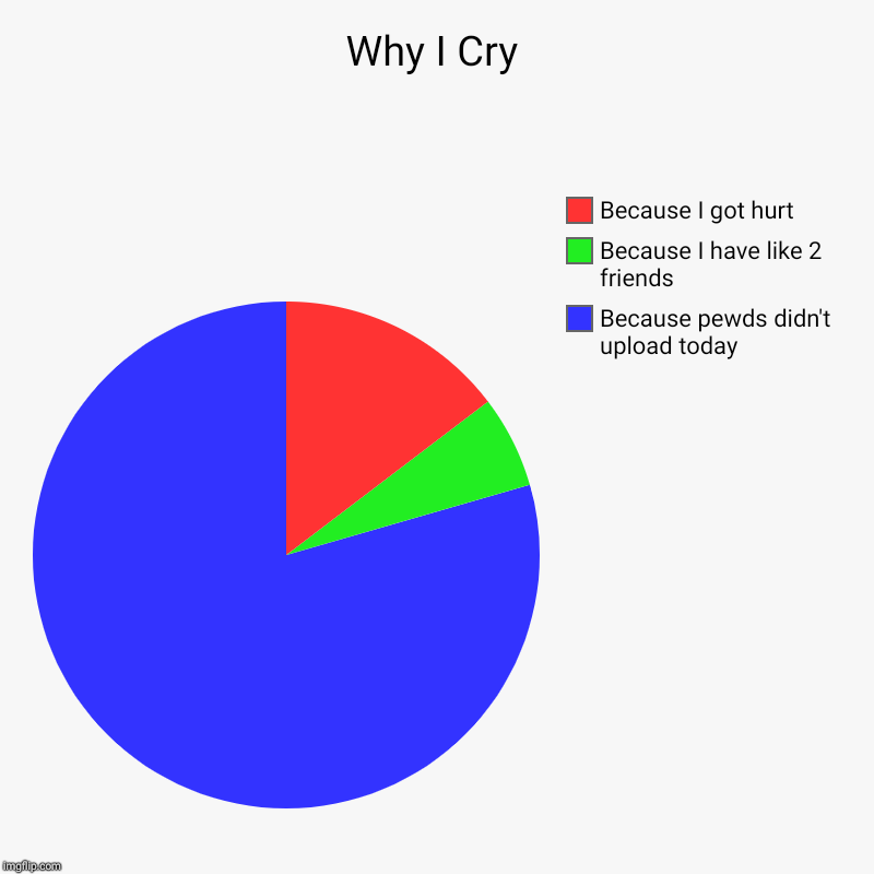 Why I Cry | Because pewds didn't upload today, Because I have like 2 friends, Because I got hurt | image tagged in charts,pie charts | made w/ Imgflip chart maker