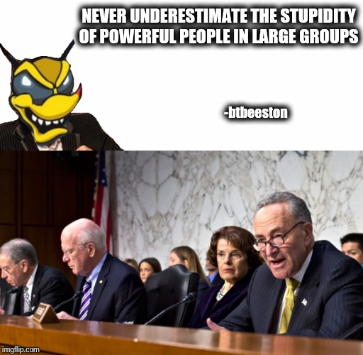 NEVER UNDERESTIMATE THE STUPIDITY OF POWERFUL PEOPLE IN LARGE GROUPS -btbeeston | made w/ Imgflip meme maker