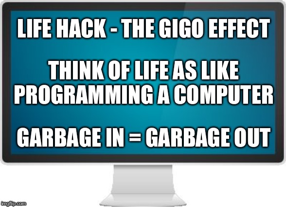 Computer screen | LIFE HACK - THE GIGO EFFECT; THINK OF LIFE AS LIKE PROGRAMMING A COMPUTER; GARBAGE IN = GARBAGE OUT | image tagged in computer screen | made w/ Imgflip meme maker