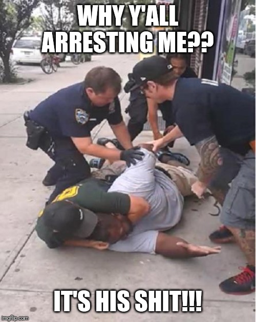 Stop resisting  | WHY Y'ALL ARRESTING ME?? IT'S HIS SHIT!!! | image tagged in stop resisting | made w/ Imgflip meme maker
