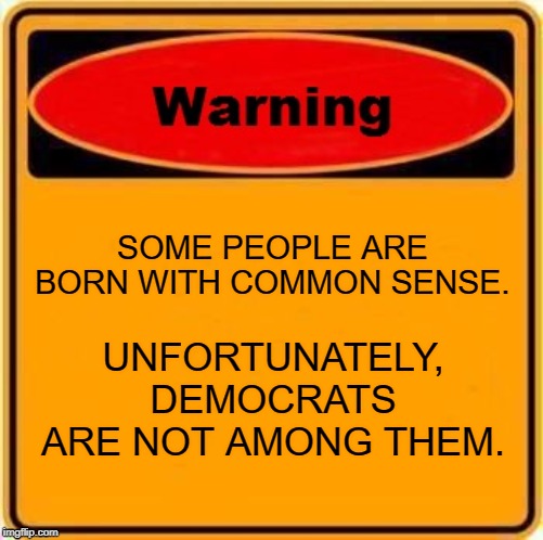 Warning Sign | SOME PEOPLE ARE BORN WITH COMMON SENSE. UNFORTUNATELY, DEMOCRATS ARE NOT AMONG THEM. | image tagged in memes,warning sign | made w/ Imgflip meme maker