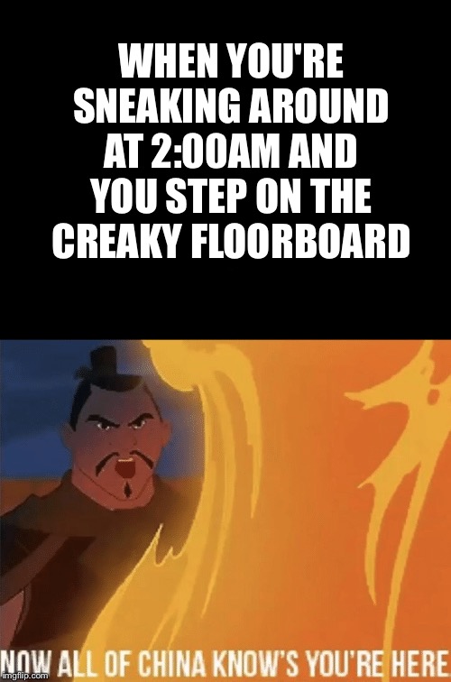 Now All Of China Knows You're Here | WHEN YOU'RE SNEAKING AROUND AT 2:00AM AND YOU STEP ON THE CREAKY FLOORBOARD | image tagged in memes,china,mulan,sneaky,great wall of china,idk | made w/ Imgflip meme maker