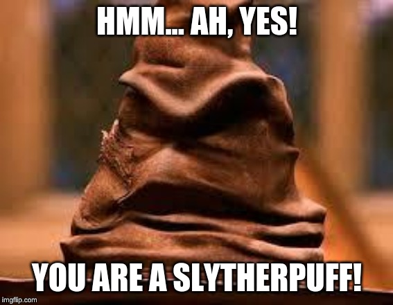 Harry Potter Sorting Hat | HMM... AH, YES! YOU ARE A SLYTHERPUFF! | image tagged in harry potter sorting hat | made w/ Imgflip meme maker