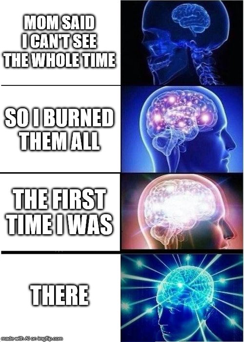 Expanding Brain Meme | MOM SAID I CAN'T SEE THE WHOLE TIME; SO I BURNED THEM ALL; THE FIRST TIME I WAS; THERE | image tagged in memes,expanding brain | made w/ Imgflip meme maker