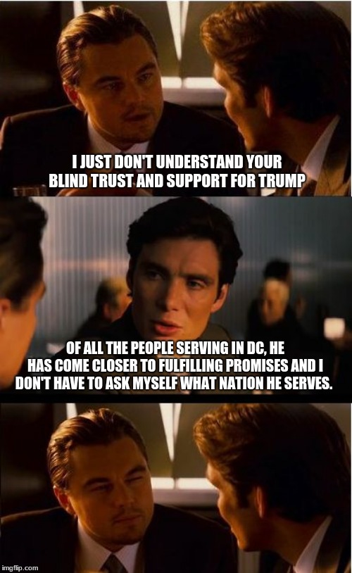 Action over words | I JUST DON'T UNDERSTAND YOUR BLIND TRUST AND SUPPORT FOR TRUMP; OF ALL THE PEOPLE SERVING IN DC, HE HAS COME CLOSER TO FULFILLING PROMISES AND I DON'T HAVE TO ASK MYSELF WHAT NATION HE SERVES. | image tagged in memes,inception,president trump,trump 2020,maga,fire congress | made w/ Imgflip meme maker