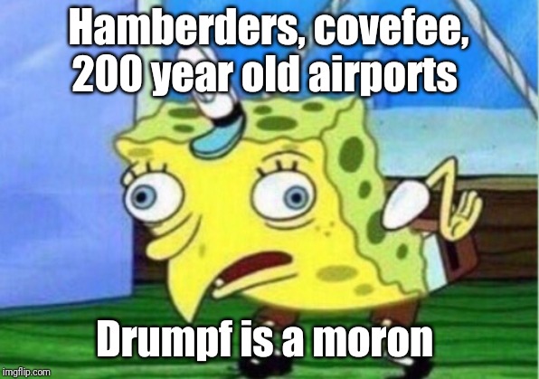 Mocking Spongebob | Hamberders, covefee, 200 year old airports; Drumpf is a moron | image tagged in memes,mocking spongebob | made w/ Imgflip meme maker