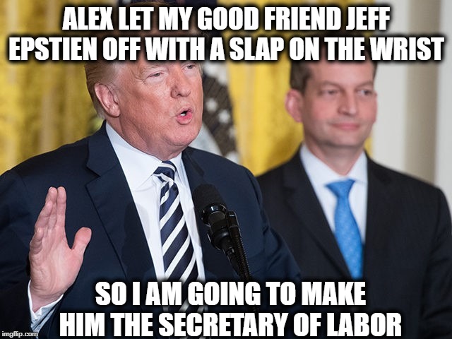 Filling the swamp | ALEX LET MY GOOD FRIEND JEFF EPSTIEN OFF WITH A SLAP ON THE WRIST; SO I AM GOING TO MAKE HIM THE SECRETARY OF LABOR | image tagged in memes,politics,impeach trump,child molester | made w/ Imgflip meme maker