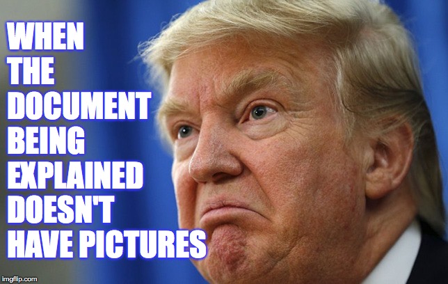 I think this would be a good image for it if we ever go to plugged nickels | WHEN THE DOCUMENT BEING EXPLAINED; DOESN'T HAVE PICTURES | image tagged in donald trump unhappy,memes,pictures | made w/ Imgflip meme maker