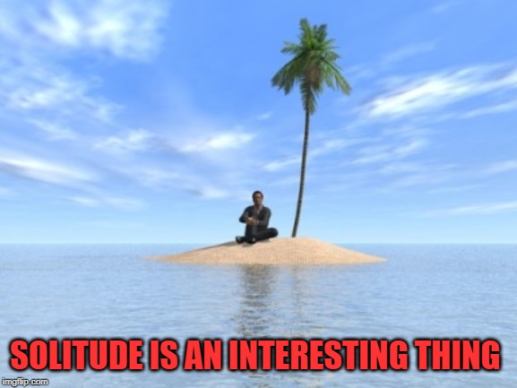 Desert island | SOLITUDE IS AN INTERESTING THING | image tagged in desert island | made w/ Imgflip meme maker