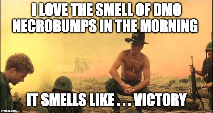 I love the smell of napalm in the morning | I LOVE THE SMELL OF DMO NECROBUMPS IN THE MORNING; IT SMELLS LIKE . . . VICTORY | image tagged in i love the smell of napalm in the morning | made w/ Imgflip meme maker