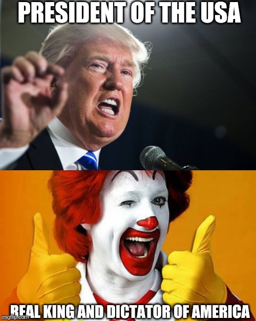 PRESIDENT OF THE USA; REAL KING AND DICTATOR OF AMERICA | image tagged in donald trump,ronald mcdonald | made w/ Imgflip meme maker