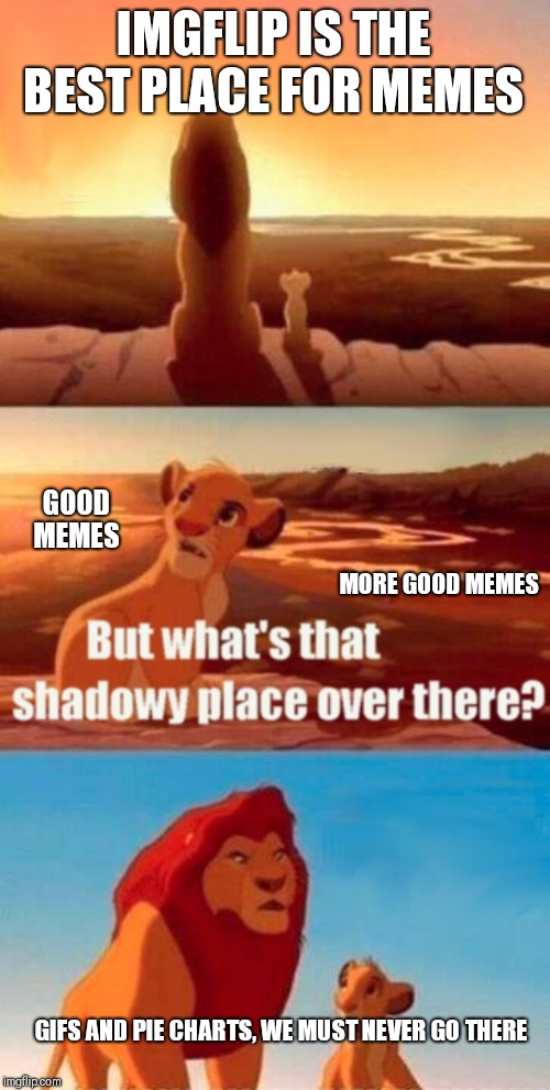 Simba Shadowy Place | IMGFLIP IS THE BEST PLACE FOR MEMES; GOOD MEMES; MORE GOOD MEMES; GIFS AND PIE CHARTS, WE MUST NEVER GO THERE | image tagged in memes,simba shadowy place | made w/ Imgflip meme maker