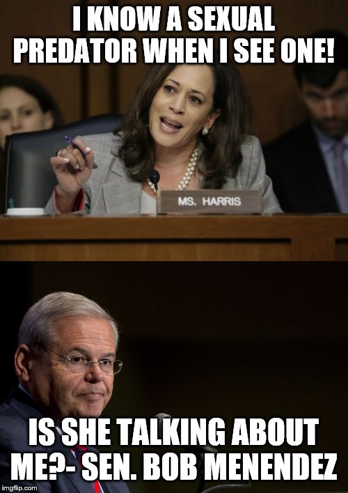 I KNOW A SEXUAL PREDATOR WHEN I SEE ONE! IS SHE TALKING ABOUT ME?- SEN. BOB MENENDEZ | image tagged in kamala harris,senator bob menendez | made w/ Imgflip meme maker