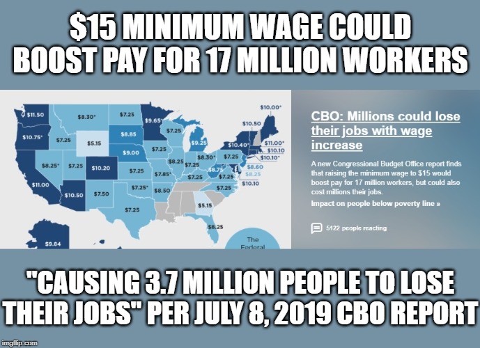 $15 minimum wage could boost pay for 17 million workers "Causing 3.7 million people to Lose Their Jobs" July 8, 2019 CBO Report | $15 MINIMUM WAGE COULD BOOST PAY FOR 17 MILLION WORKERS; "CAUSING 3.7 MILLION PEOPLE TO LOSE THEIR JOBS" PER JULY 8, 2019 CBO REPORT | image tagged in minimum wage,fired,unemployed,donald trump,democrats | made w/ Imgflip meme maker