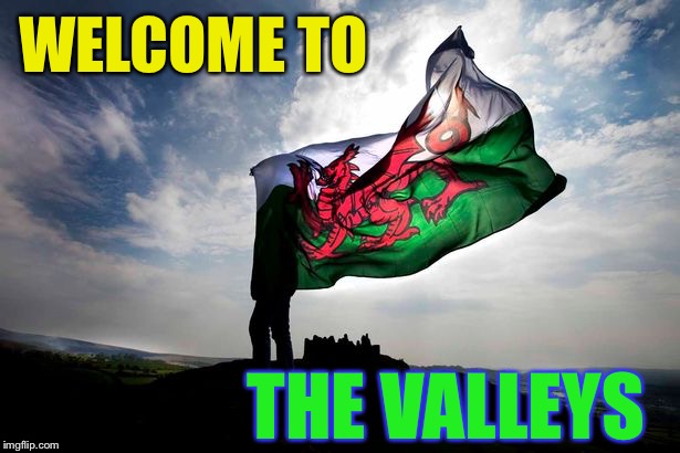 welsh flag | WELCOME TO THE VALLEYS | image tagged in welsh flag | made w/ Imgflip meme maker