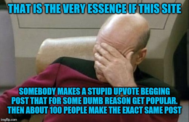 Captain Picard Facepalm Meme | THAT IS THE VERY ESSENCE IF THIS SITE SOMEBODY MAKES A STUPID UPVOTE BEGGING POST THAT FOR SOME DUMB REASON GET POPULAR. THEN ABOUT 100 PEOP | image tagged in memes,captain picard facepalm | made w/ Imgflip meme maker