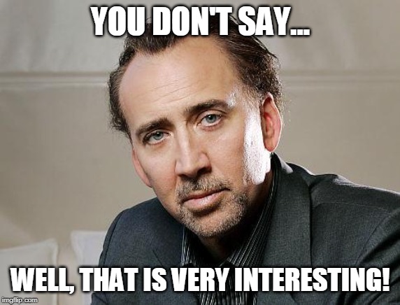 Nic Cage Interesting Man | YOU DON'T SAY... WELL, THAT IS VERY INTERESTING! | image tagged in nic cage interesting man | made w/ Imgflip meme maker