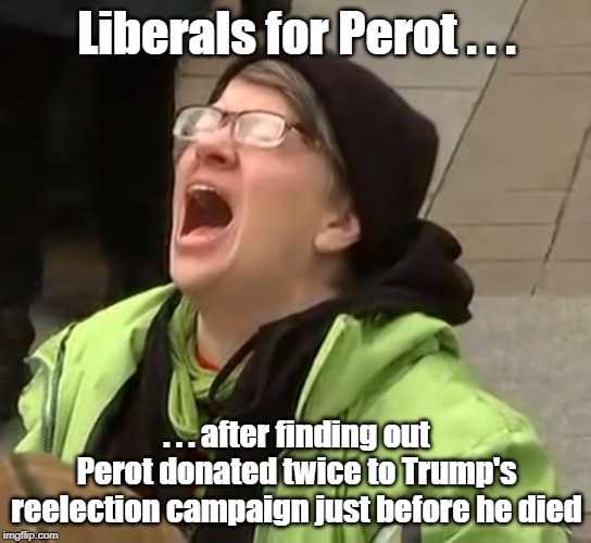 Perot supported Trump's reelection | Liberals for Perot . . . . . . after finding out Perot donated twice to Trump's reelection campaign just before he died | image tagged in snowflake,ross perot,donald trump 2020 | made w/ Imgflip meme maker