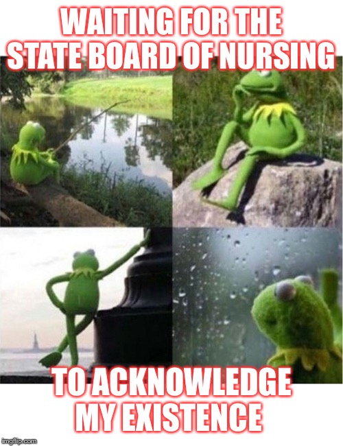 blank kermit waiting | WAITING FOR THE STATE BOARD OF NURSING; TO ACKNOWLEDGE MY EXISTENCE | image tagged in blank kermit waiting | made w/ Imgflip meme maker