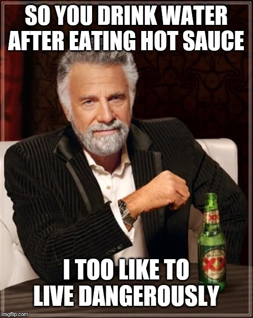 The Most Interesting Man In The World Meme | SO YOU DRINK WATER AFTER EATING HOT SAUCE; I TOO LIKE TO LIVE DANGEROUSLY | image tagged in memes,the most interesting man in the world | made w/ Imgflip meme maker