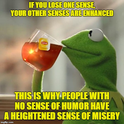 But That's None Of My Business Meme | IF YOU LOSE ONE SENSE, YOUR OTHER SENSES ARE ENHANCED; THIS IS WHY PEOPLE WITH NO SENSE OF HUMOR HAVE A HEIGHTENED SENSE OF MISERY | image tagged in memes,but thats none of my business,kermit the frog | made w/ Imgflip meme maker