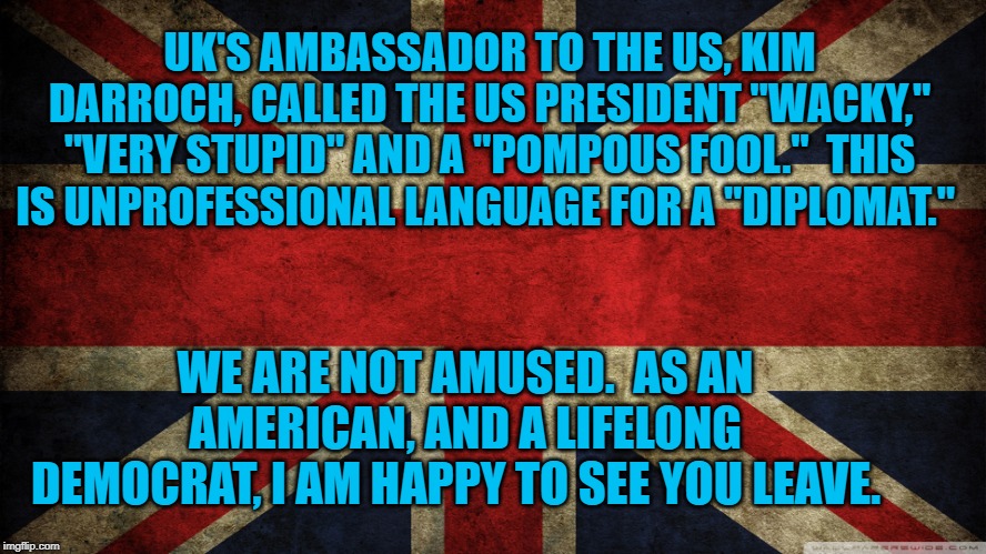 Union Jack | UK'S AMBASSADOR TO THE US, KIM DARROCH, CALLED THE US PRESIDENT "WACKY," "VERY STUPID" AND A "POMPOUS FOOL."  THIS IS UNPROFESSIONAL LANGUAGE FOR A "DIPLOMAT."; WE ARE NOT AMUSED.  AS AN AMERICAN, AND A LIFELONG DEMOCRAT, I AM HAPPY TO SEE YOU LEAVE. | image tagged in union jack | made w/ Imgflip meme maker