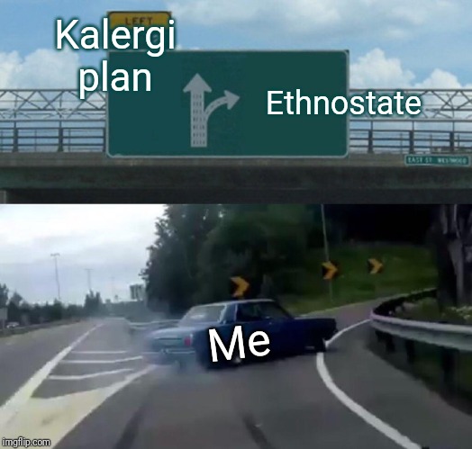 Left Exit 12 Off Ramp Meme | Kalergi plan; Ethnostate; Me | image tagged in memes,left exit 12 off ramp | made w/ Imgflip meme maker