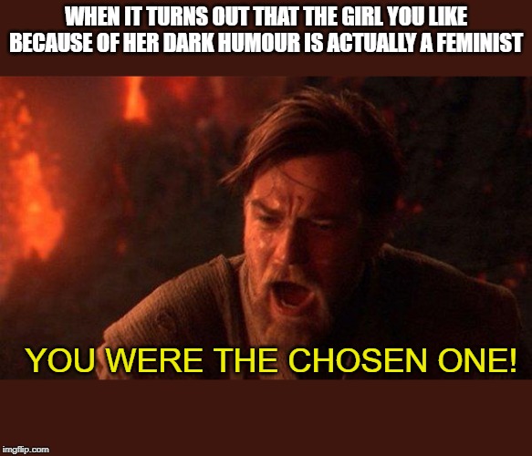 You Were The Chosen One (Star Wars) Meme | WHEN IT TURNS OUT THAT THE GIRL YOU LIKE BECAUSE OF HER DARK HUMOUR IS ACTUALLY A FEMINIST; YOU WERE THE CHOSEN ONE! | image tagged in memes,you were the chosen one star wars | made w/ Imgflip meme maker