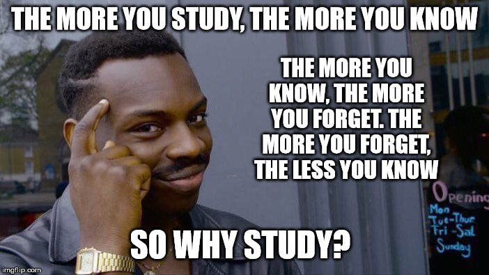 Roll Safe Think About It Meme | THE MORE YOU STUDY, THE MORE YOU KNOW; THE MORE YOU KNOW, THE MORE YOU FORGET. THE MORE YOU FORGET, THE LESS YOU KNOW; SO WHY STUDY? | image tagged in memes,roll safe think about it | made w/ Imgflip meme maker