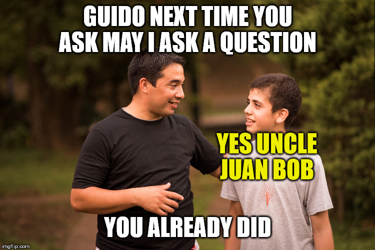 asking a question | GUIDO NEXT TIME YOU ASK MAY I ASK A QUESTION; YES UNCLE JUAN BOB; YOU ALREADY DID | image tagged in question | made w/ Imgflip meme maker