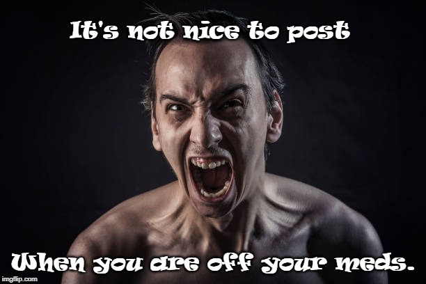 deranged man | It's not nice to post; When you are off your meds. | image tagged in deranged man | made w/ Imgflip meme maker