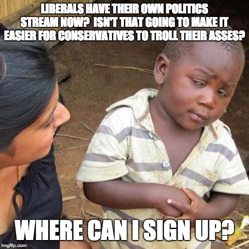 Third World Skeptical Kid Meme | LIBERALS HAVE THEIR OWN POLITICS STREAM NOW?  ISN'T THAT GOING TO MAKE IT EASIER FOR CONSERVATIVES TO TROLL THEIR ASSES? WHERE CAN I SIGN UP? | image tagged in memes,third world skeptical kid | made w/ Imgflip meme maker