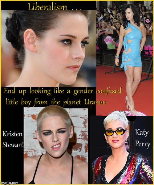 Liberalism ...it's ugly....really effin ugly | image tagged in liberalism,kristen stewart,katy perry,lol so funny,feminism,politics | made w/ Imgflip meme maker