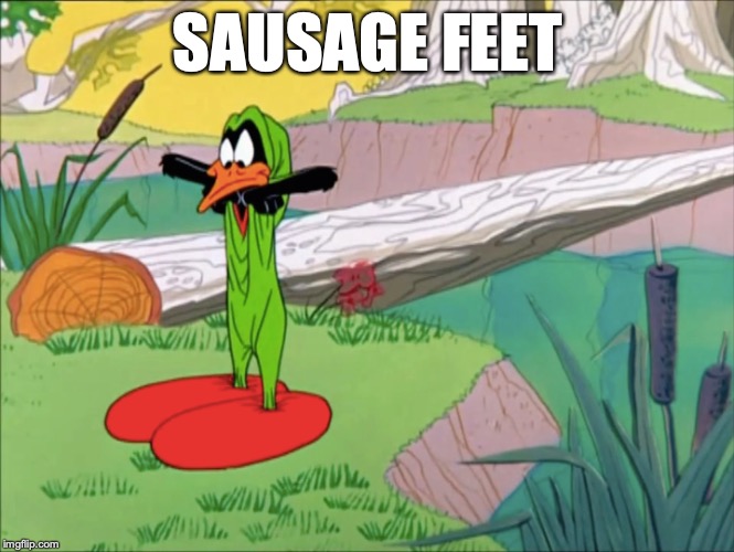 Sausage Feet | SAUSAGE FEET | image tagged in daffy duck,robin hood,robin hood daffy,sausage,feet | made w/ Imgflip meme maker