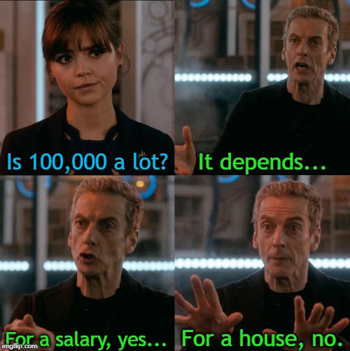 Is Four A Lot | Is 100,000 a lot? It depends... For a house, no. For a salary, yes... | image tagged in is four a lot | made w/ Imgflip meme maker