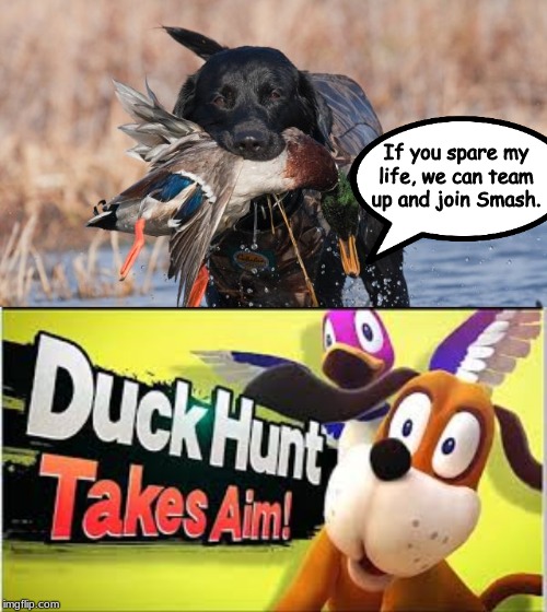 If you spare my life, we can team up and join Smash. | image tagged in duck hunt,memes,nintendo,super smash bros,super smash brothers | made w/ Imgflip meme maker