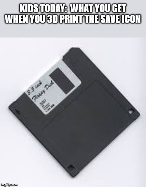 floppy | KIDS TODAY:  WHAT YOU GET WHEN YOU 3D PRINT THE SAVE ICON | image tagged in floppy | made w/ Imgflip meme maker