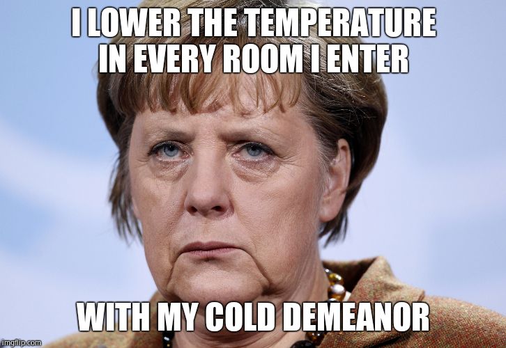 Frau Merkel | I LOWER THE TEMPERATURE IN EVERY ROOM I ENTER WITH MY COLD DEMEANOR | image tagged in frau merkel | made w/ Imgflip meme maker