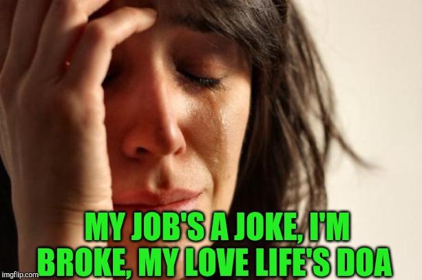 It's like I'm always stuck in second gear lol | MY JOB'S A JOKE, I'M BROKE, MY LOVE LIFE'S DOA | image tagged in memes,first world problems,jbmemegeek,friends | made w/ Imgflip meme maker