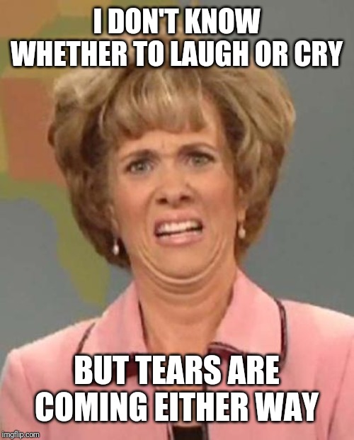 Disgusted Kristin Wiig | I DON'T KNOW WHETHER TO LAUGH OR CRY BUT TEARS ARE COMING EITHER WAY | image tagged in disgusted kristin wiig | made w/ Imgflip meme maker